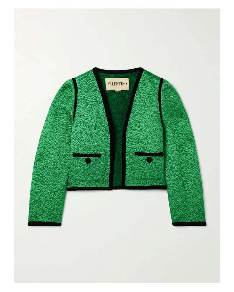 Valentino Garavani Jacke Aus Satin Aus Einer Woll-seidenmischung Mit Samtbesätzen Und Floralem Jacquard-muster - Grün Grün