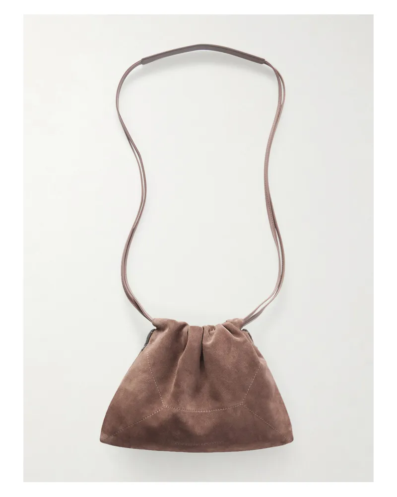 Brunello Cucinelli Bead-embellished Suede Shoulder Bag - Brown Brown