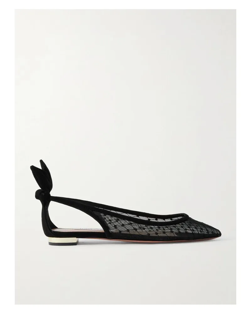Aquazzura Bow Tie Ballerinas Mit Spitzer Kappe Aus Netzmaterial Und Veloursleder - Schwarz Schwarz