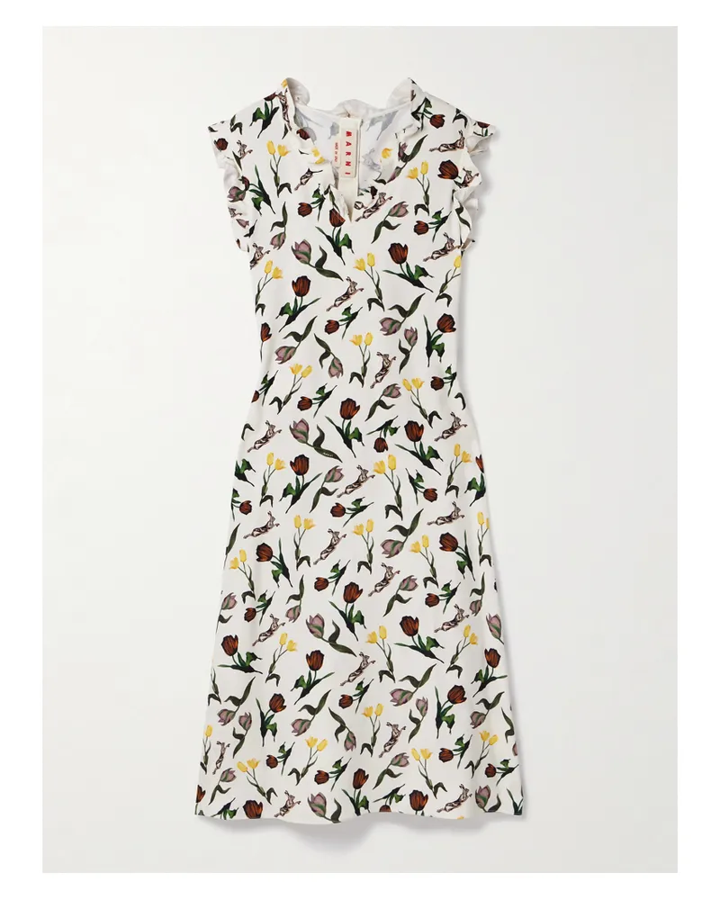 Marni Midikleid Aus Bedrucktem Crêpe Mit Rüschen - Weiß Weiß