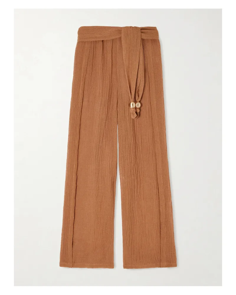 Lisa Marie Fernandez Embellished Belted Crinkled Linen-blend Gauze Pants - Brown Brown