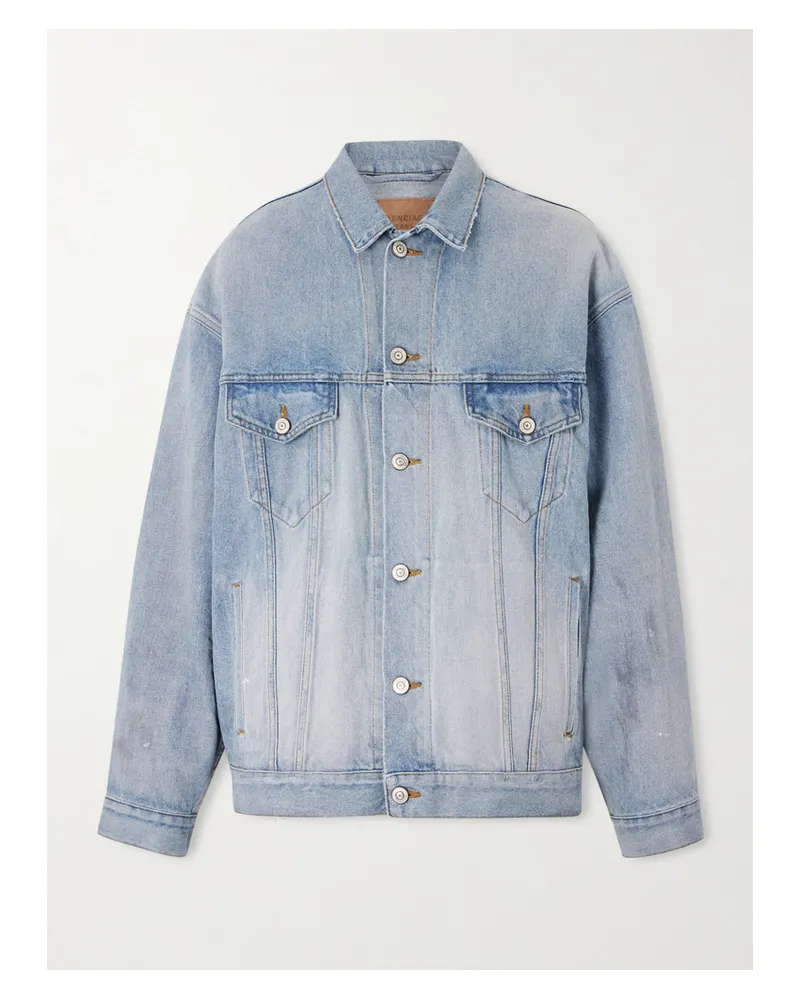 Balenciaga Oversized Distressed Printed Denim Jacket - Blue Blue