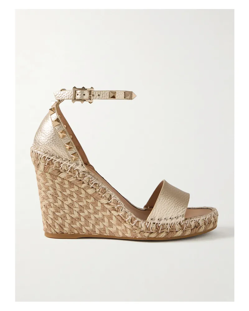 Valentino Garavani Rockstud 105 Espadrille-wedges Aus Strukturiertem Metallic-leder - Gold Gold