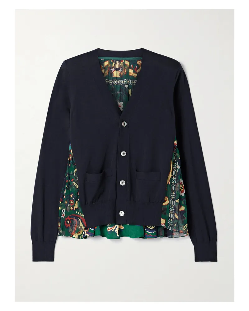 Sacai Cardigan Aus Baumwolle, Bedrucktem Satin Und Chiffon - Blau Blau