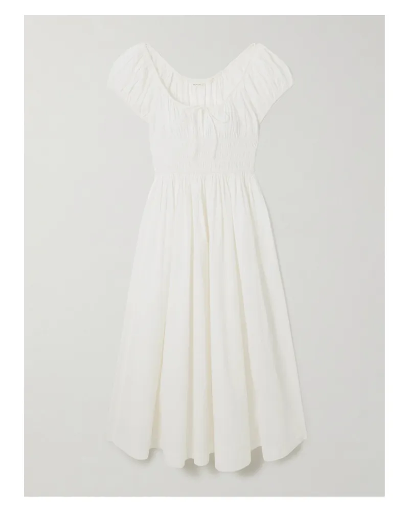 DÔEN Quinn Tie-detailed Shirred Organic Cotton-poplin Midi Dress - White White