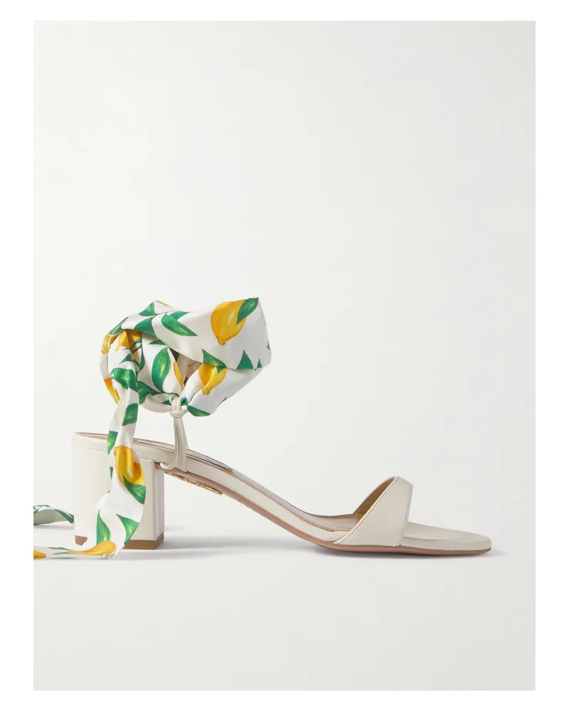 Aquazzura Twilly 50 Sandalen Aus Leder Mit Besätzen Aus Bedrucktem Seiden-twill - Weiß Weiß