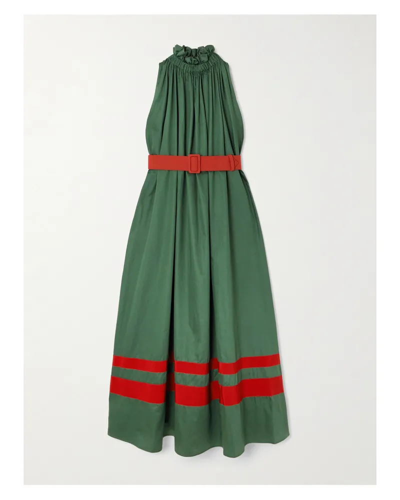 Marta Ferri Camogli Belted Ruched Grosgrain-trimmed Cotton-poplin Halterneck Midi Dress - Green Green