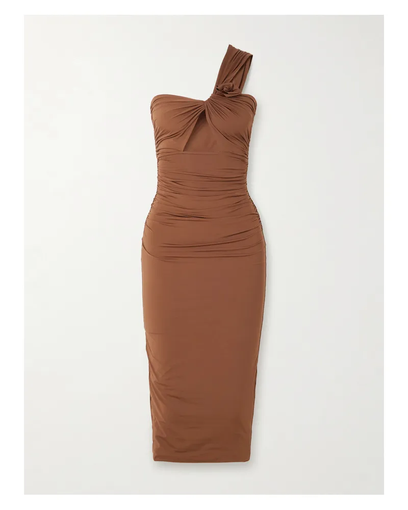 Maygel Coronel Arcano One-shoulder Appliquéd Cutout Ruched Stretch-jersey Midi Dress - Brown Brown