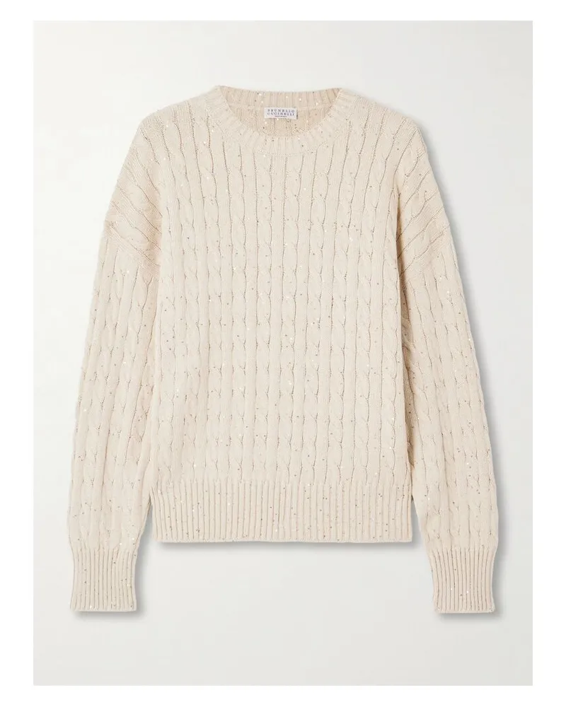 Brunello Cucinelli Pullover Aus Einer Baumwollmischung In Zopfstrick Mit Pailletten - Neutral Neutral