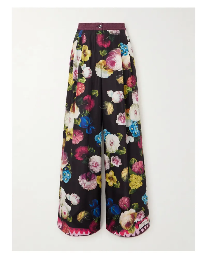 Dolce & Gabbana Hose Mit Weitem Bein Aus Seiden-twill Mit Blumenprint - Schwarz Schwarz