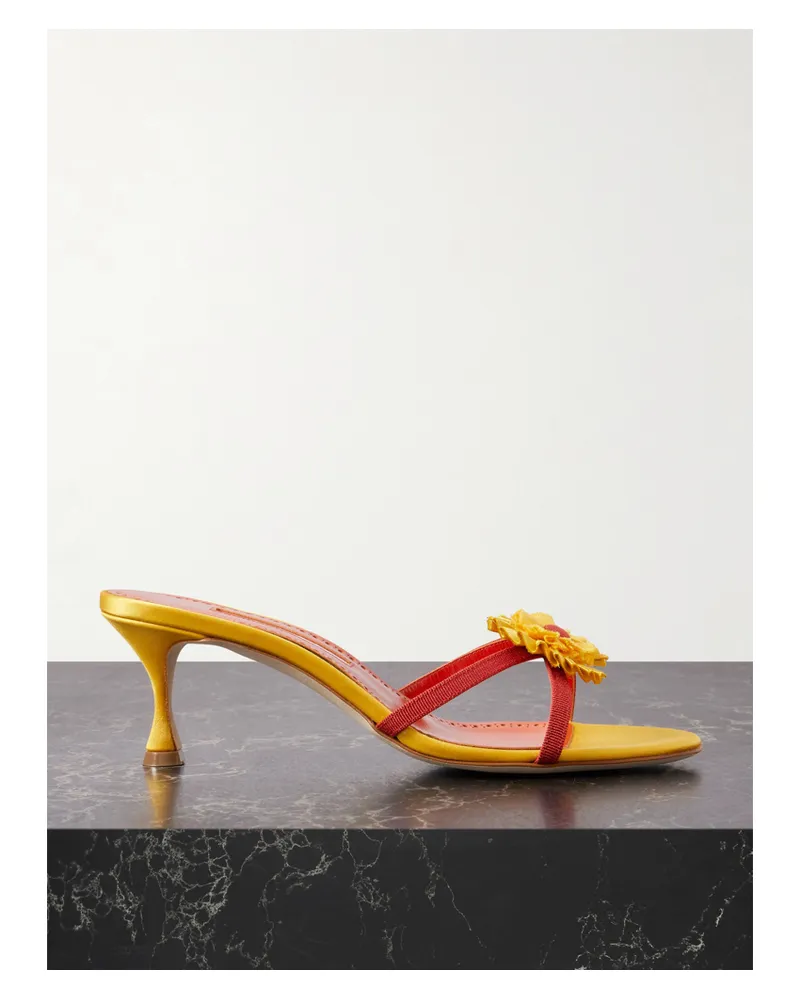 Manolo Blahnik Paliss 50 Appliquéd Grosgrain Mules - Yellow Yellow