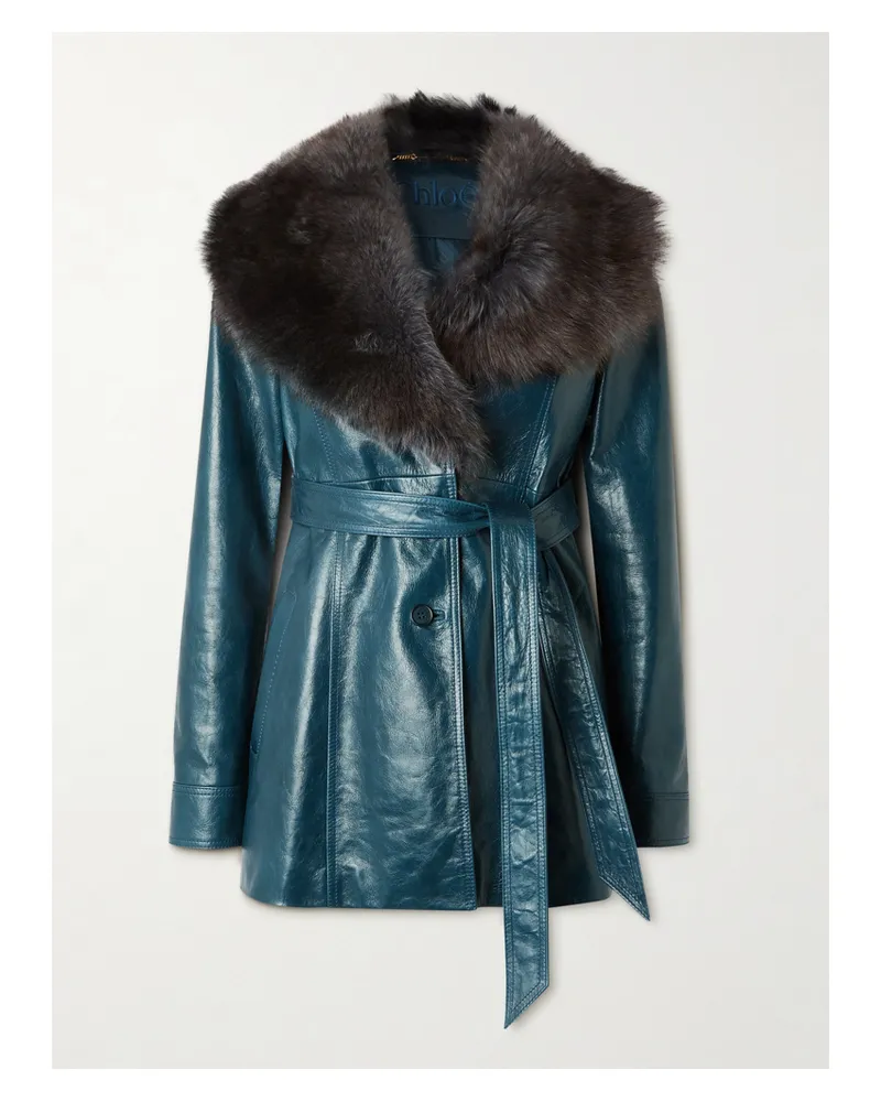 Chloé Jacke Aus Strukturiertem Leder Mit Shearling-besatz Und Bindegürtel - Blau Blau