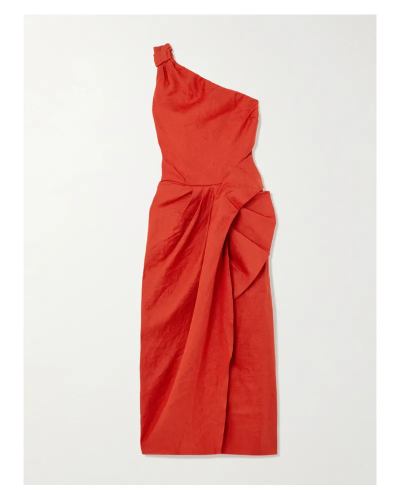 Johanna Ortiz Salsero One-shoulder Knotted Ruffled Draped Linen Midi Dress - Red Red