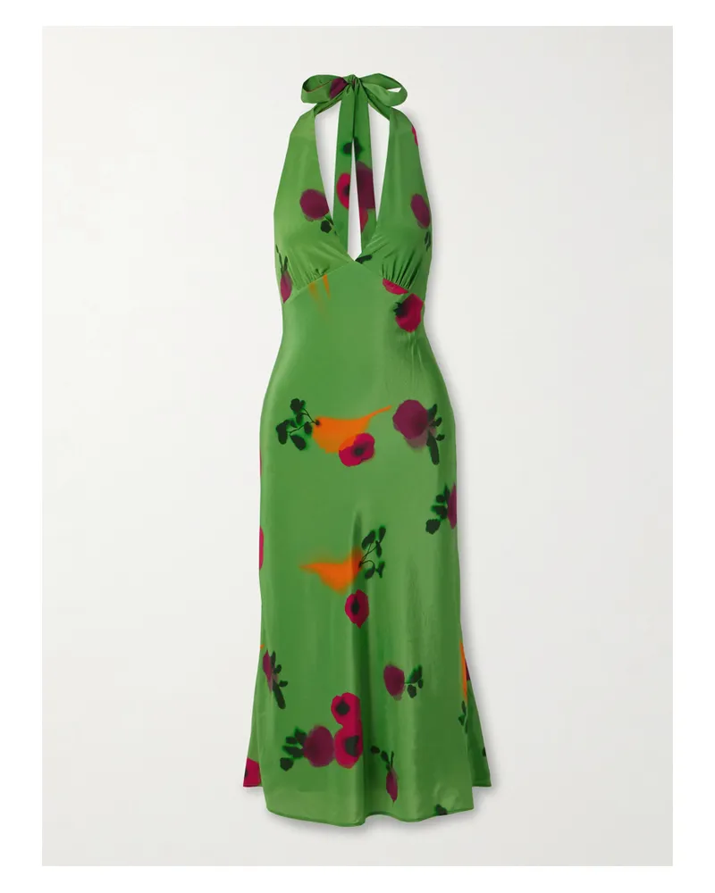 STAUD Lucca Neckholder-midikleid Aus Bedrucktem Seiden-crêpe - Grün Grün