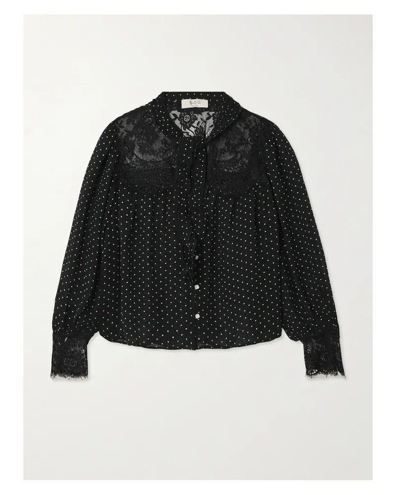 Sea Melody Tie-detailed Lace-trimmed Polka-dot Crepe De Chine Blouse - Black Black