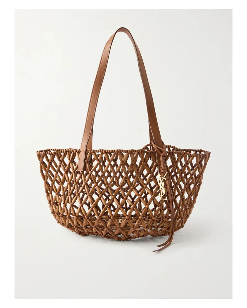 Saint Laurent Panier Leather-trimmed Beaded Wood Tote - Red Red