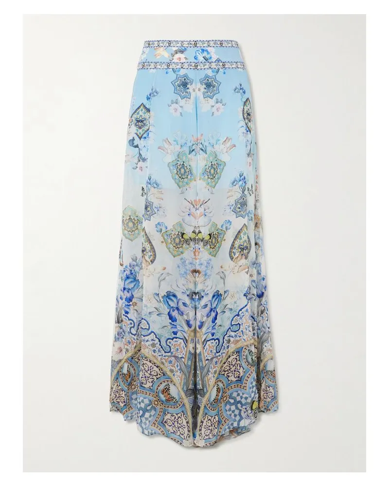 Camilla Al Manial Palace Hose Mit Weitem Bein Aus Bedrucktem Seidenkrepon Mit Verzierungen - Blau Blau