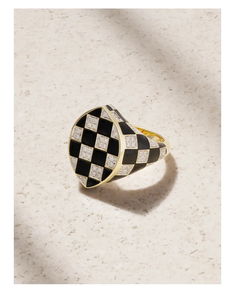 Yvonne Léon Chevalière Marquise Damier 9-karat Gold, Diamond And Enamel Ring - Black Black