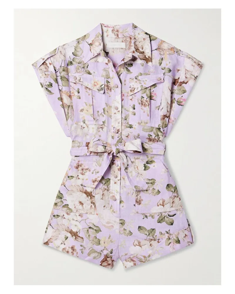Zimmermann Acacia Playsuit Aus Leinen Mit Blumenprint Und Bindegürtel - Lila Lila