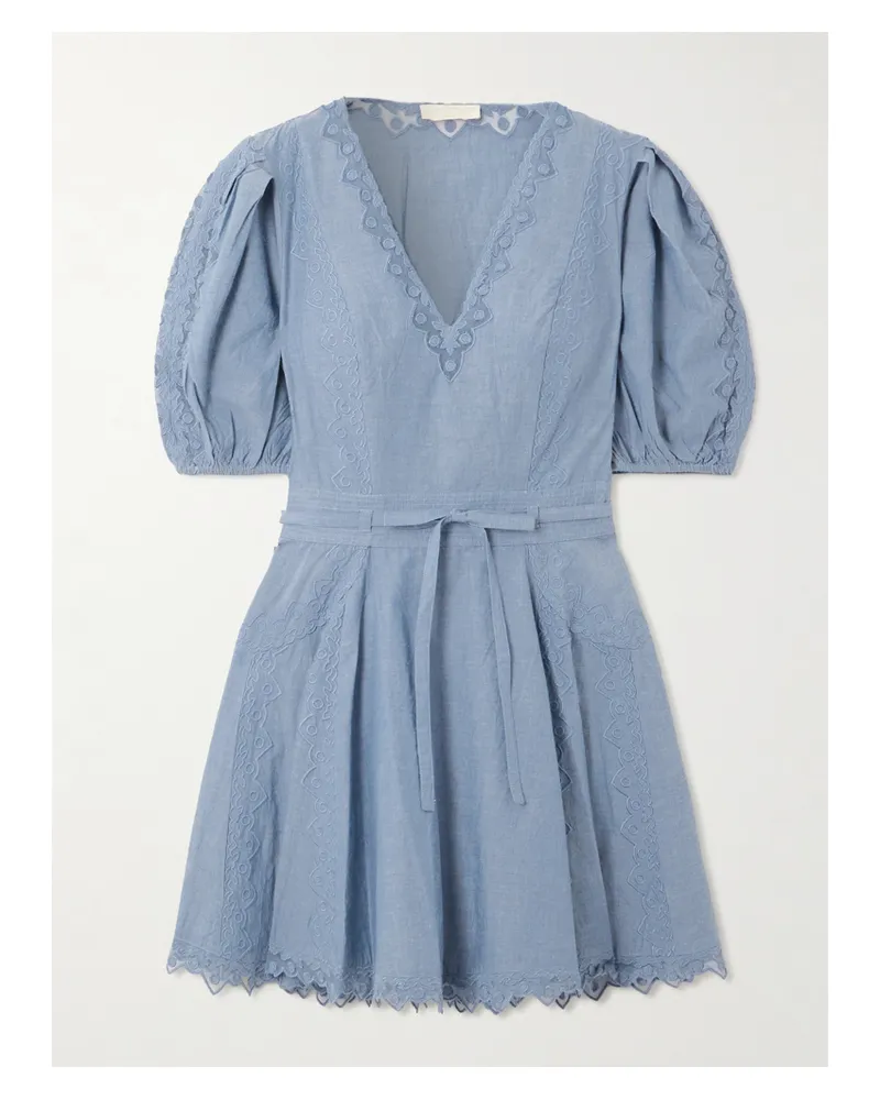 Ulla Johnson Camilla Minikleid Aus Baumwoll-chambray Mit Bestickten Tüllbesätzen Und Bindegürtel - Blau Blau