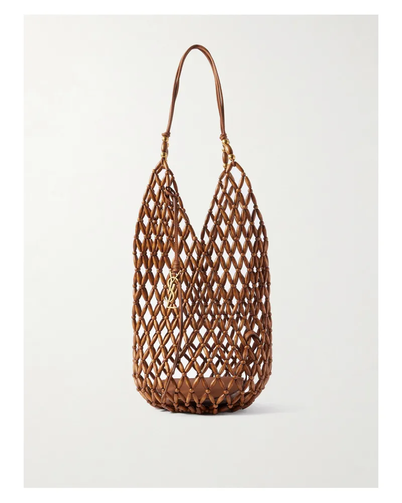 Saint Laurent Leather-trimmed Beaded Shoulder Bag - Brown Brown