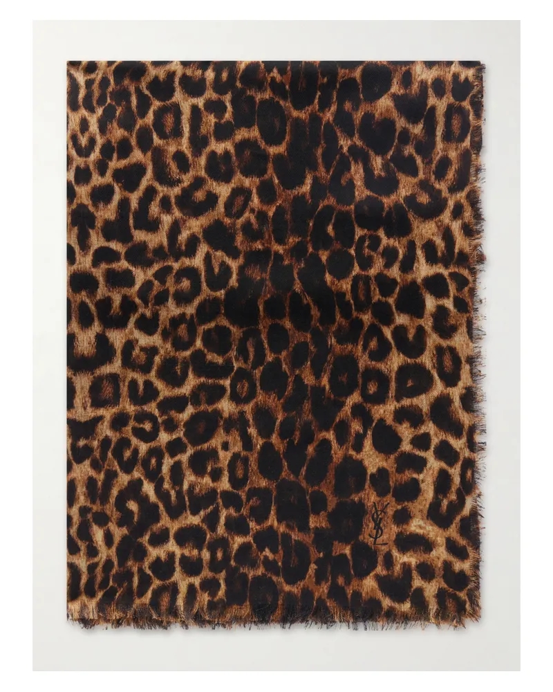 Saint Laurent Leopard-print Wool Scarf - Brown Brown