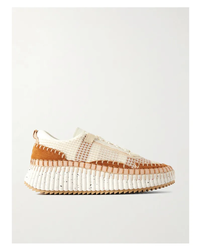 Chloé Nama Embroidered Suede And Recycled-mesh Sneakers - Neutrals Neutrals