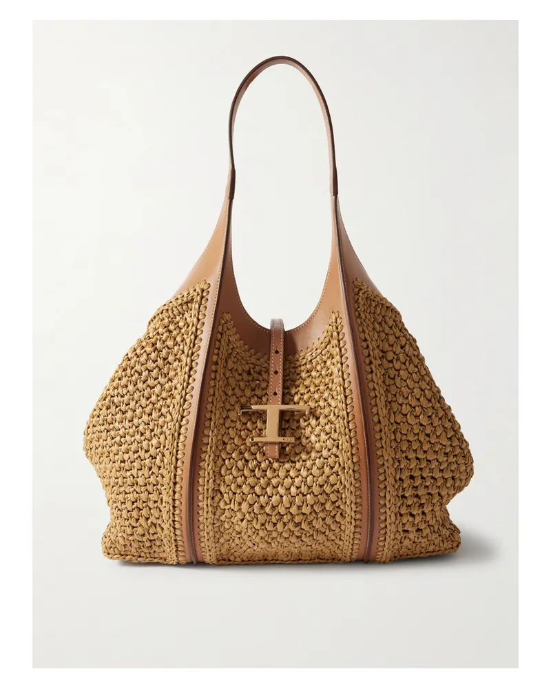 TOD'S T Timeless Leather-trimmed Raffia Shoulder Bag - Neutrals Neutrals