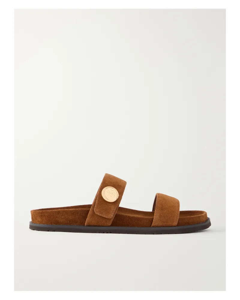 Tory Burch Romy Sport Embellished Suede Slides - Brown Brown