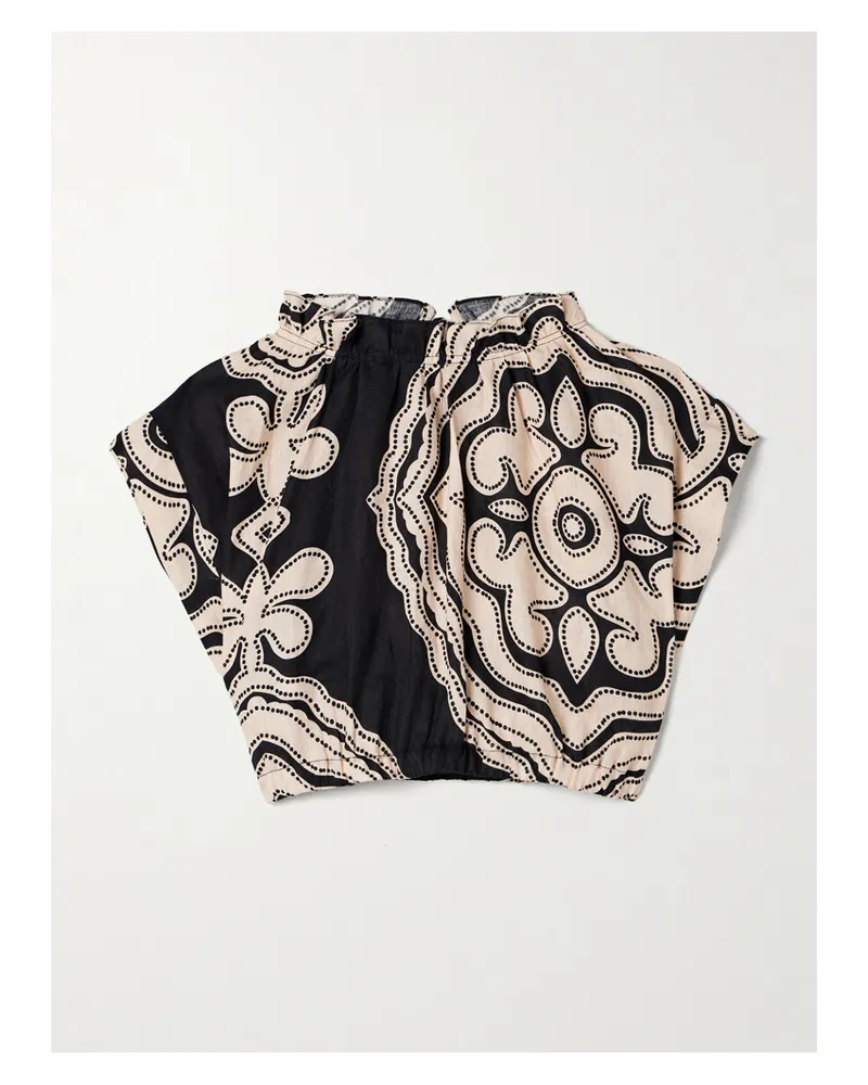 lemlem Muna Cropped Printed Linen Top - Black Black