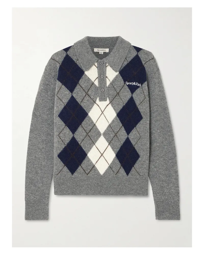 SPORTY & RICH Pullover Aus Einer Kaschmir-wollmischung Mit Polokragen Und Stickerei - Grau Grau