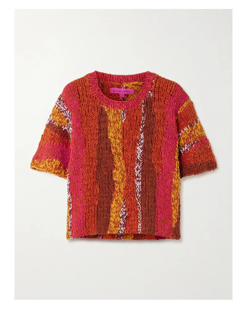 The Elder Statesman Gestreiftes T-shirt Aus Biobaumwoll-bouclé - Rot Rot