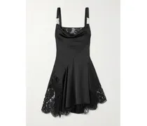 Asymmetric Lace-paneled Embellished Draped Satin Dress - Black