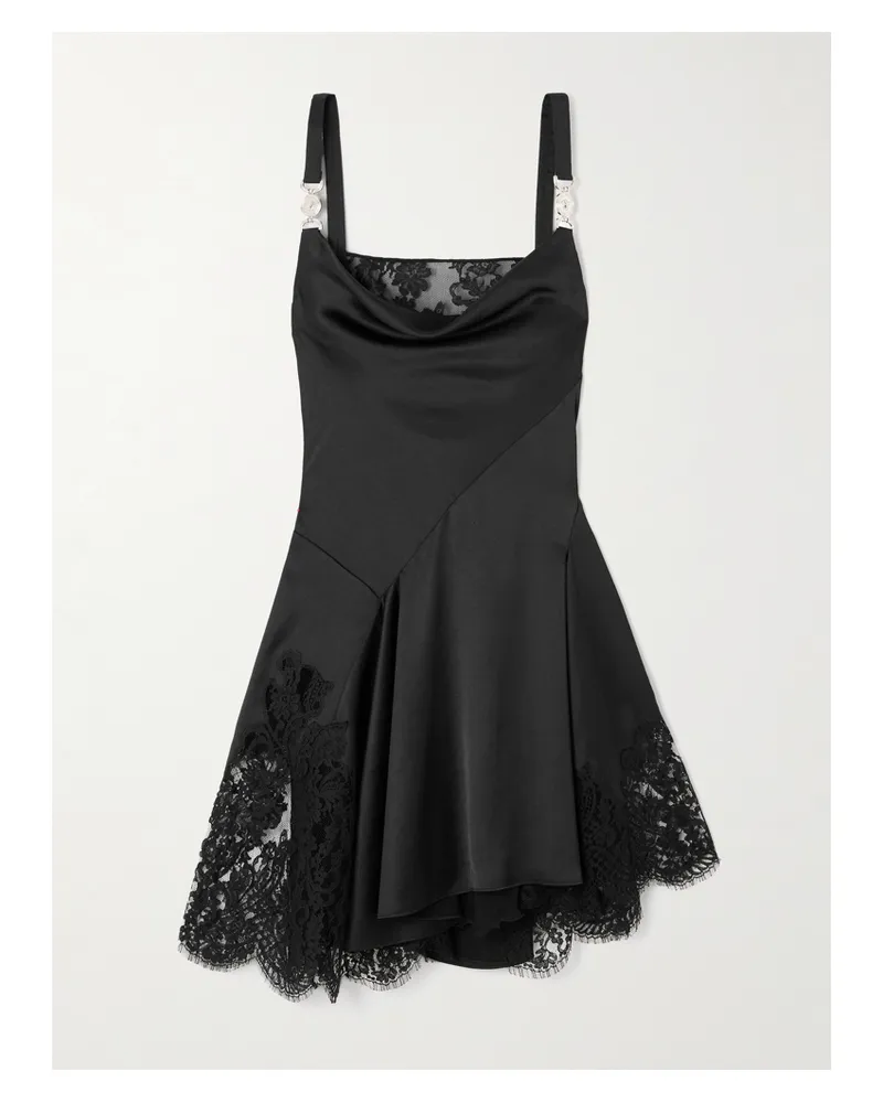 Versace Asymmetric Lace-paneled Embellished Draped Satin Dress - Black Black