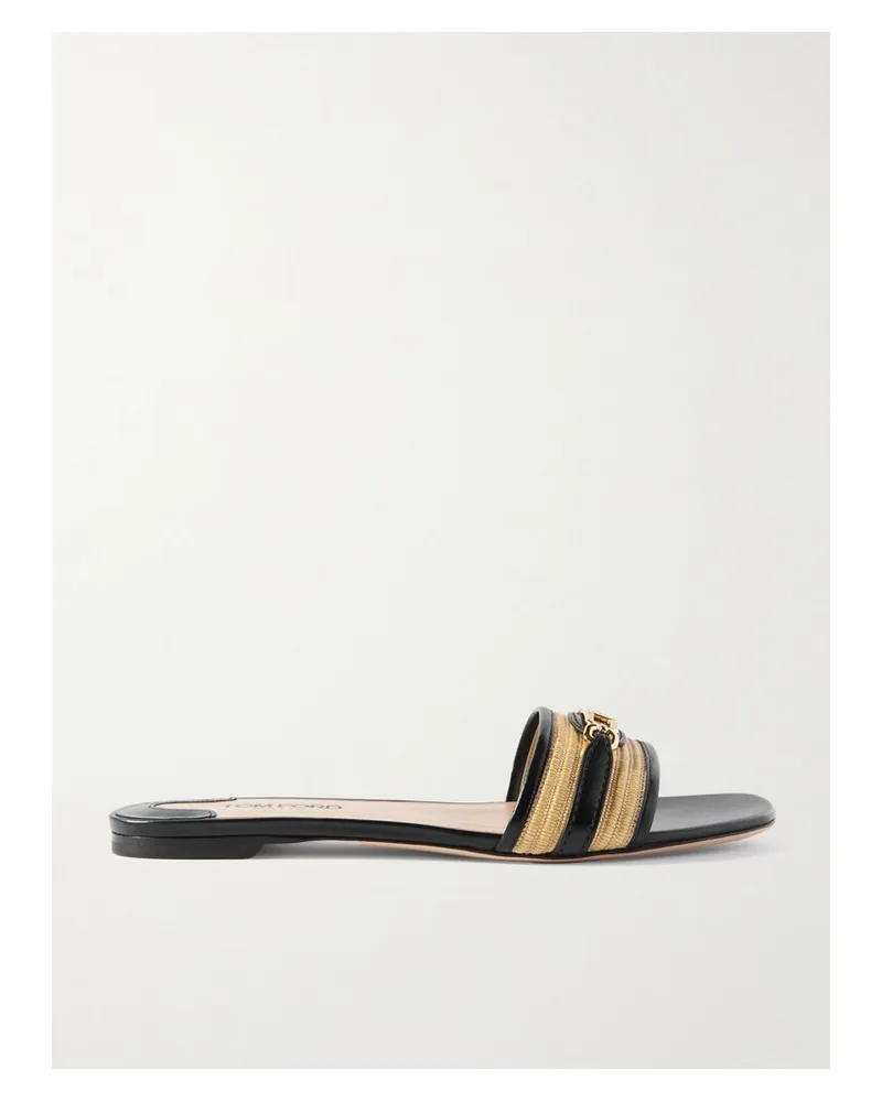 Tom Ford Pantoletten Aus Leder Mit Raffiabastbesatz Und Logoverzierung - Schwarz Schwarz