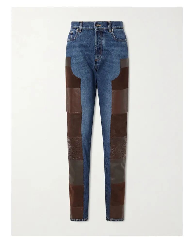 Versace Leather-trimmed Mid-waist Straight-leg Jeans - Blue Blue