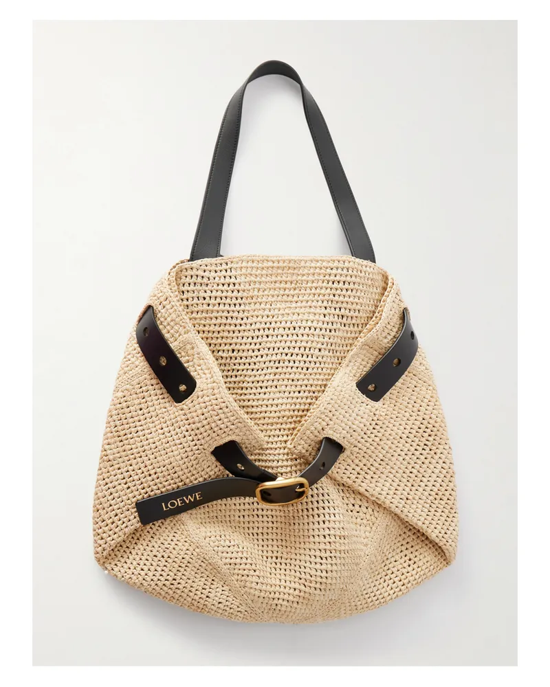 Loewe Punch Hole Medium Leather-trimmed Raffia Tote - Neutrals Neutrals