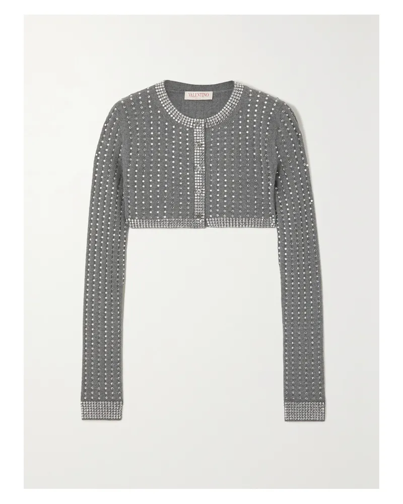 Valentino Garavani Verkürzter Cardigan Aus Gerippter Wolle Mit Kristallen - Grau Grau