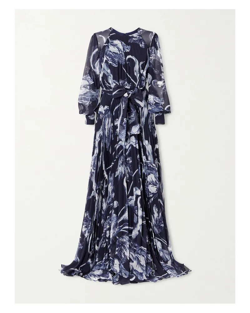 Erdem Belted Pleated Printed Chiffon Gown - Blue Blue