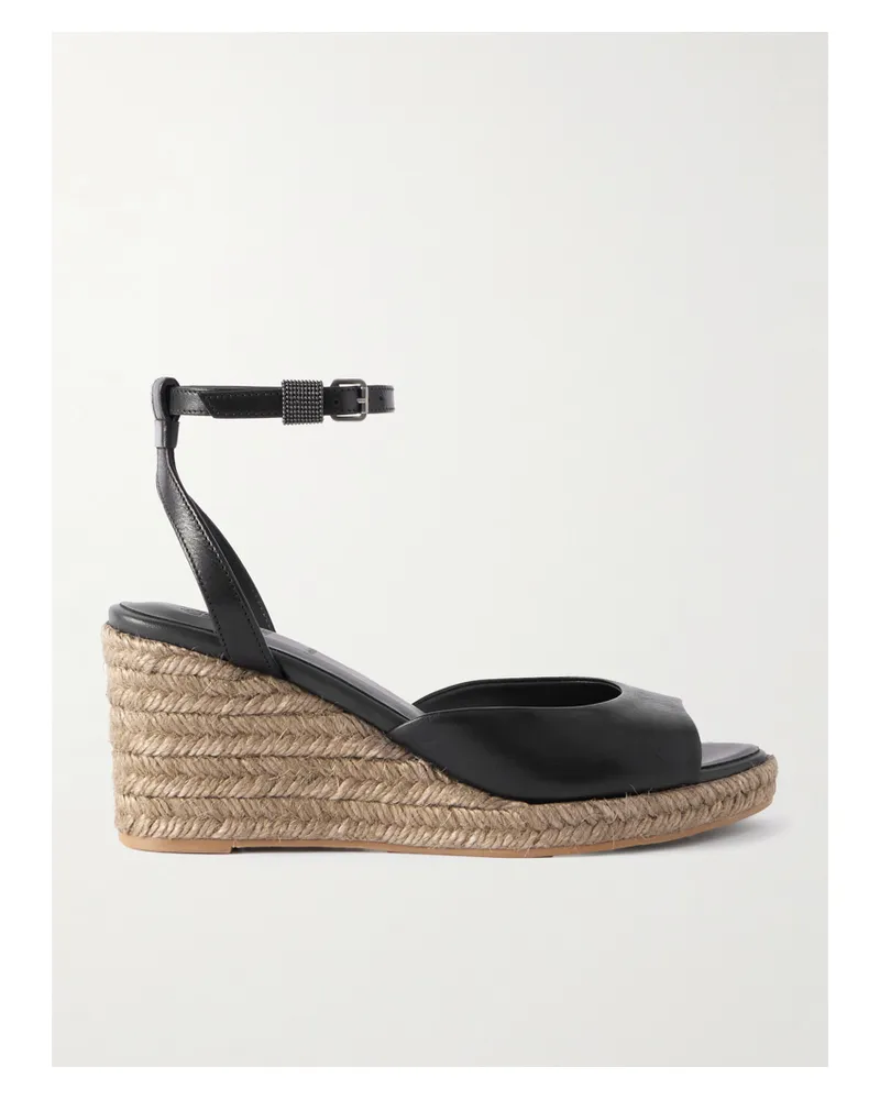 Brunello Cucinelli Espadrille-wedges Aus Leder Mit Zierperlen - Schwarz Schwarz