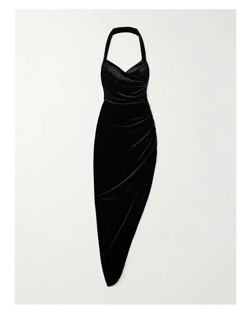 Norma Kamali Cayla Asymmetrische Neckholder-robe Aus Samt Mit Raffungen - Schwarz Schwarz