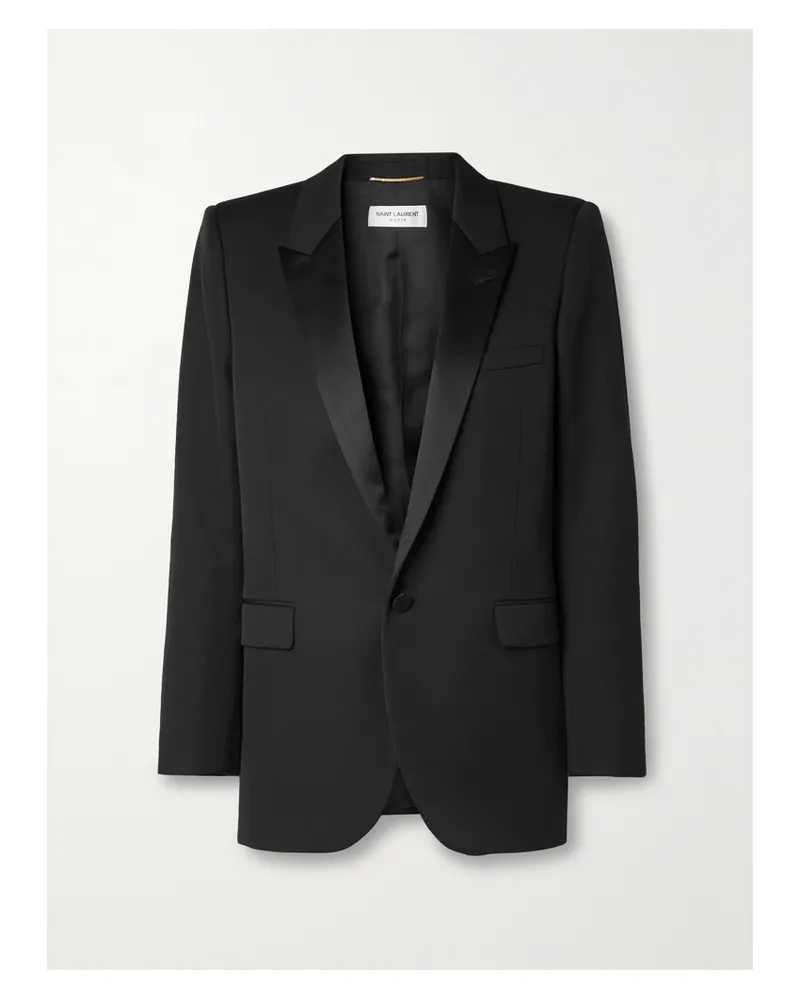 Saint Laurent Tube Satin-trimmed Grain De Poudre Wool Blazer - Black Black