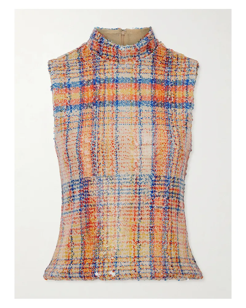 Brandon Maxwell Piper Checked Sequined Mesh Turtleneck Top - Orange Orange