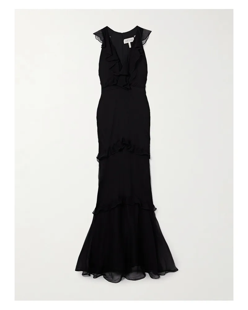 Saloni Rita Maxikleid Aus Seidenkrepon Mit Volants - Schwarz Schwarz