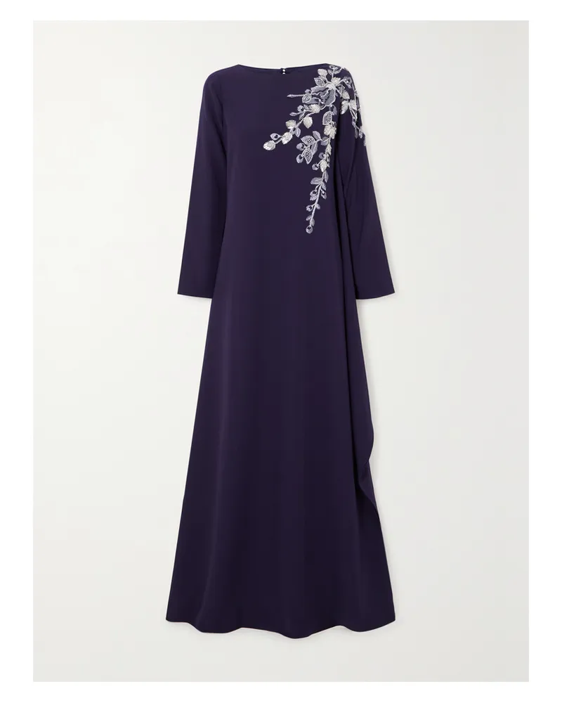 Marchesa Robe Aus Stretch-crêpe Mit Zierperlen Und Stickereien - Blau Blau