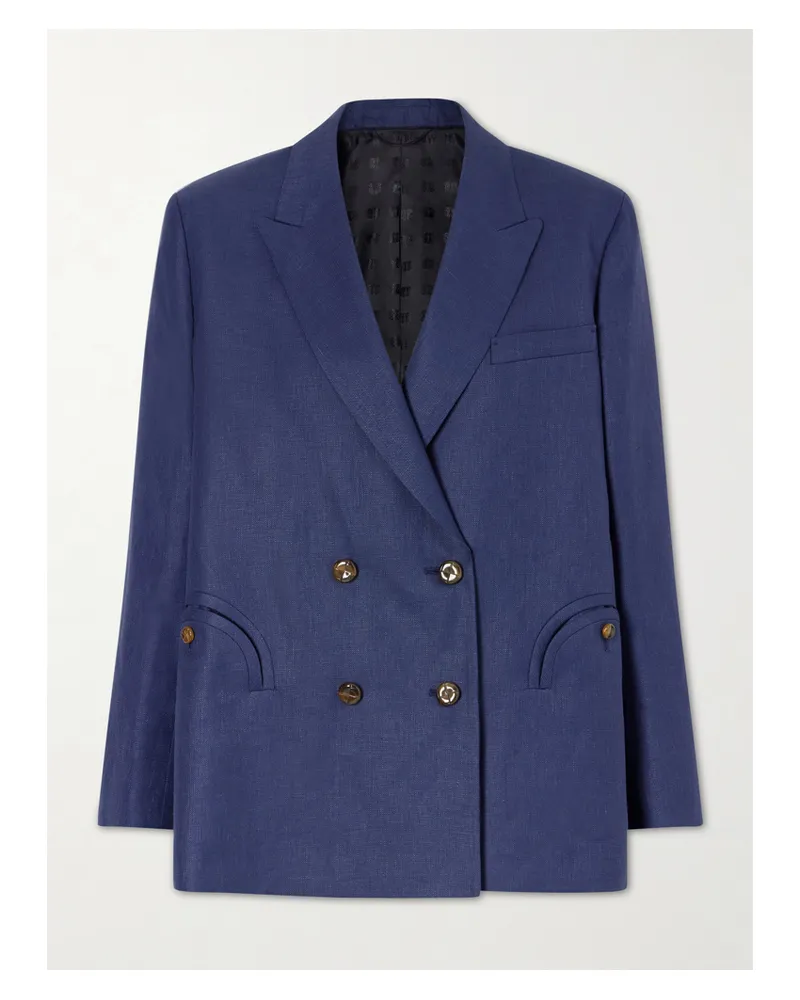 Blazé Milano Nightbreak Double-breasted Linen, Wool And Silk-blend Blazer - Blue Blue