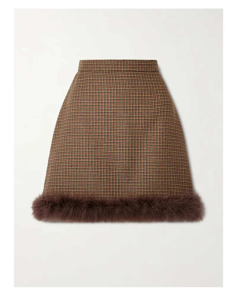 Valentino Garavani Feather-trimmed Houndstooth Wool Mini Skirt - Brown Brown