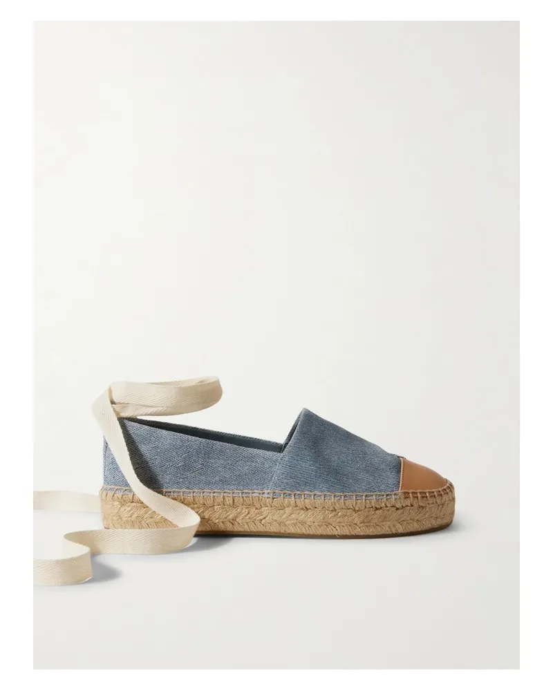 Tory Burch Espadrilles Aus Bedrucktem Veloursleder Mit Plateau, Lederbesatz, Schnürung Und Verzierung - Blau Blau