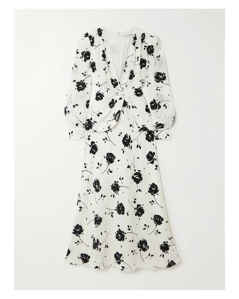 Alessandra Rich Midikleid Aus Crêpe De Chine Aus Seide Mit Blumenprint, Verzierungen Und Falten - Weiß Weiß