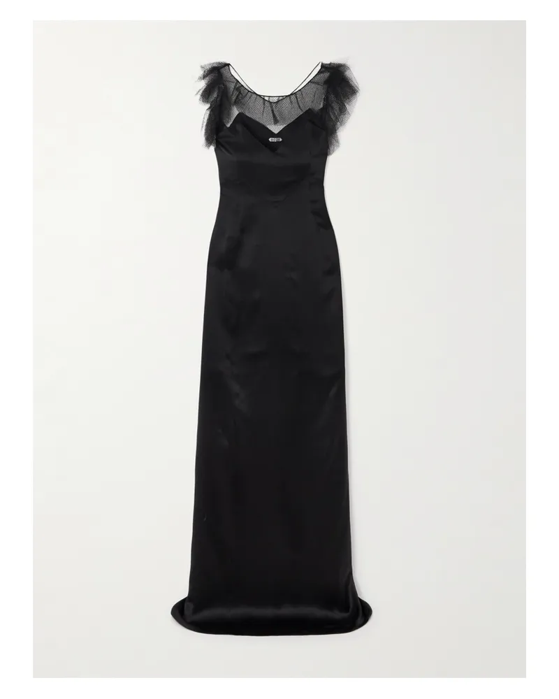 BODE Prima Maxikleid Aus Seidensatin Mit Mesh-besatz Und Volants - Schwarz Schwarz